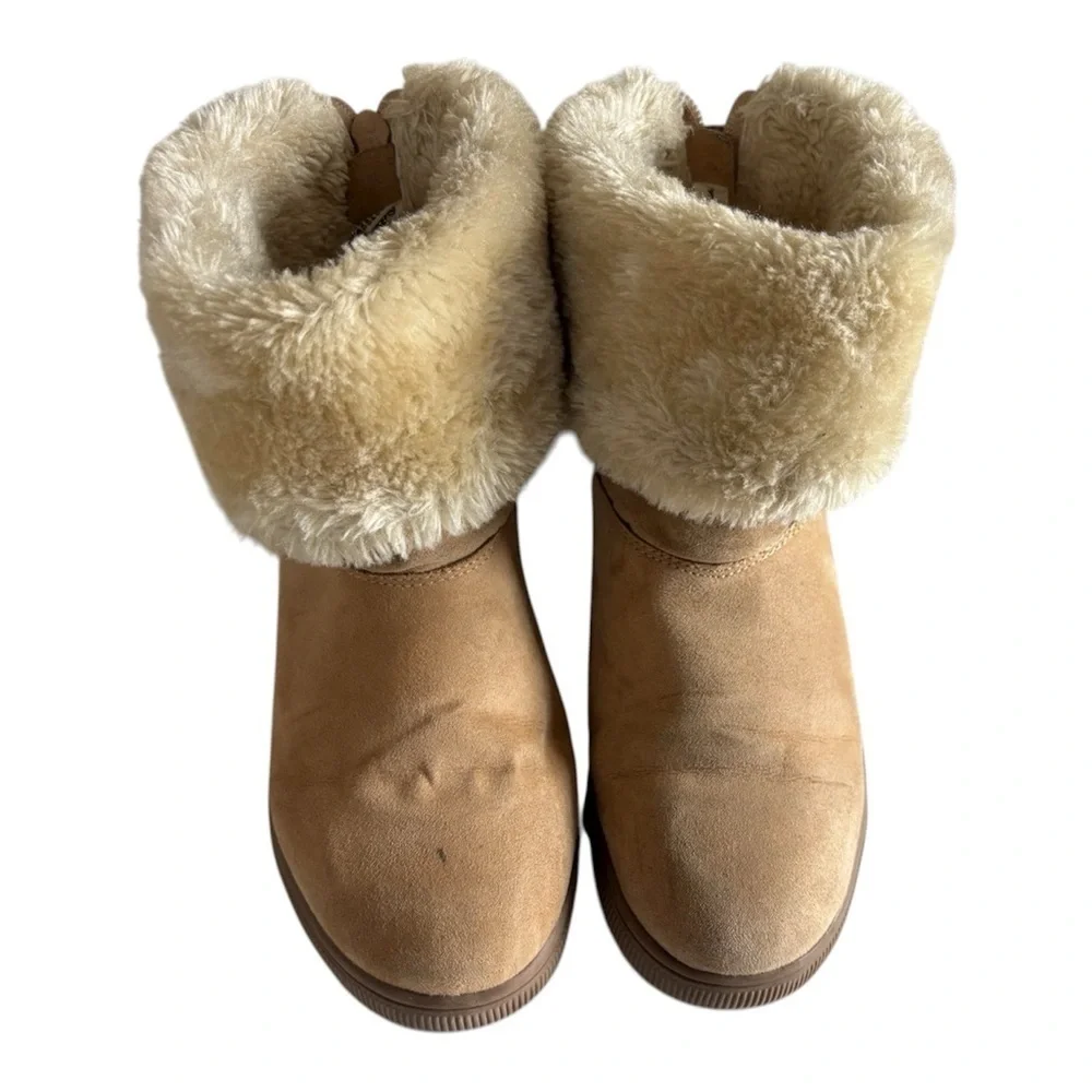 Cat & Jack Boots Youth Faux Fur Tan Winter Fold Over Convertible Zipper Size 1